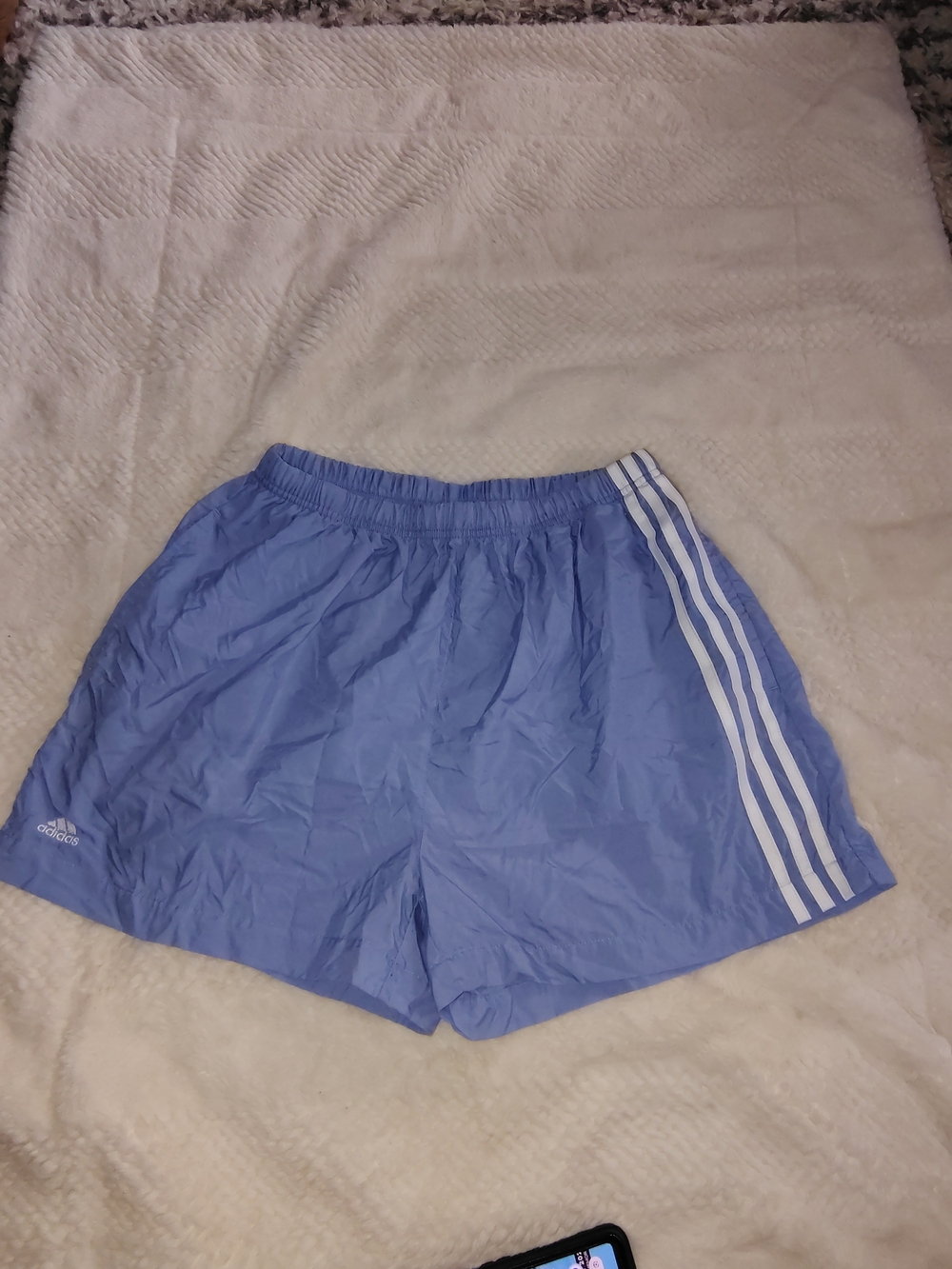 Adidas Light Blue Three-Stripe Athletic Shorts